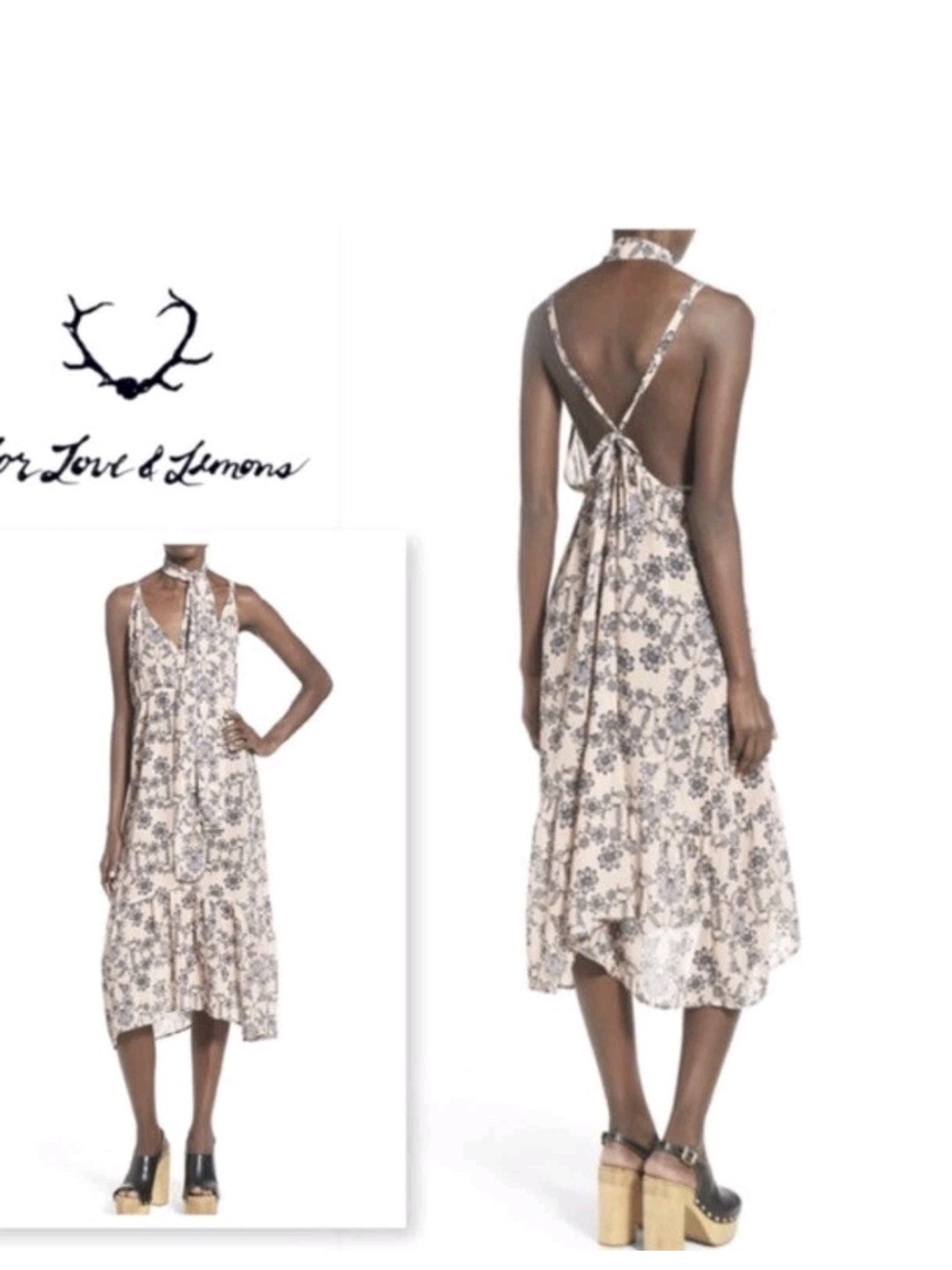 For Love & Lemons Peach Floral Midi Slip Dress with Neck Scarf Size L - Picture 4 of 13